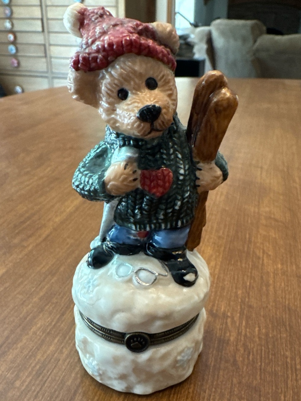 Bear Figurine Trinket Box with Knit Sweater and Red Hat